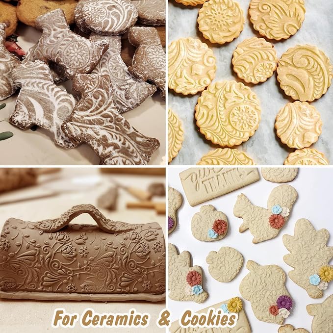 Christmas Embossed Rolling Pin for Baking Cookies Embossing Rolling Pins with Design Wooden Engraved Springerle Roller Pin Dough Patterned Clay Pottery Ceramic Bakers Women Kids (Snowflake & Snowman)