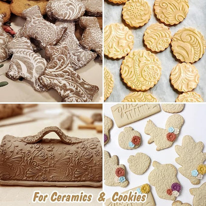 Christmas Embossed Rolling Pin for Baking Cookies Embossing Rolling Pins with Design Wooden Engraved Springerle Roller Pin Dough Patterned Clay Pottery Ceramic Bakers Women Kids (Snowflake & Snowman)
