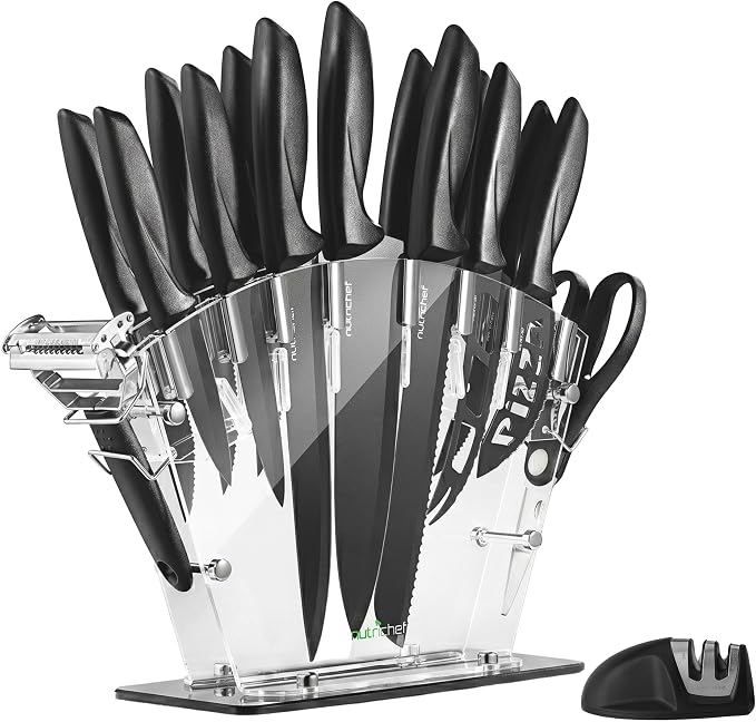 NutriChef 17-Piece Kitchen Knife Block Set - Stainless Steel Precision Crafted Knives w/Acrylic Block Stand - Includes 6 Steak & 7 Multi-Use Knives, Sharpener, Scissors, & Vegetable Peeler (Black)