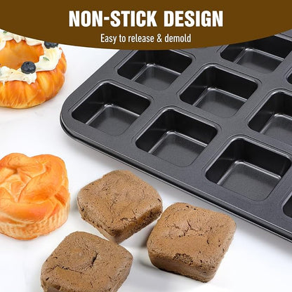 4 Pack Mini Brownie Pan with Dividers, Brownie Bite Pan, 12 Cavity Square Cupcake Pans, Non-Stick Carbon Steel Baking Tray for Individual Brownies, Cakes & Cookies