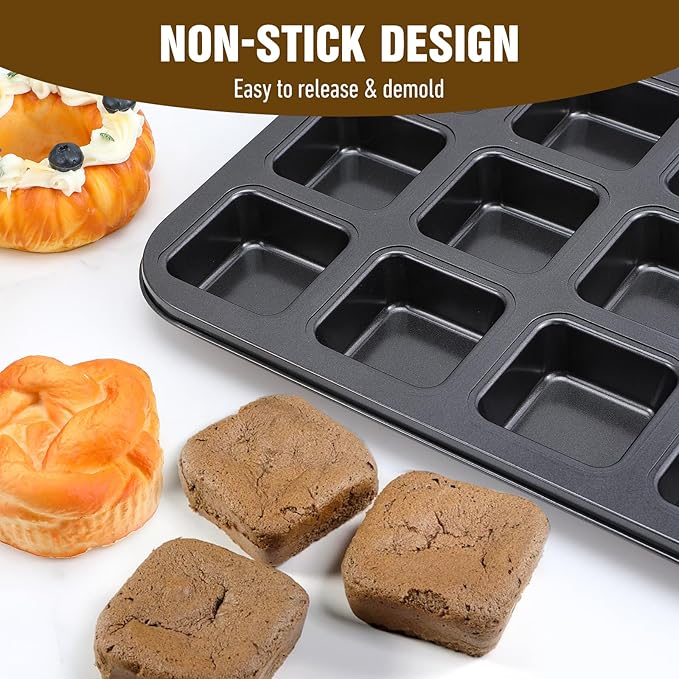 2 Pack Mini Brownie Pan with Dividers, Brownie Bite Pan, 12 Cavity Square Cupcake Pans, Non-Stick Carbon Steel Baking Tray for Individual Brownies, Cakes & Cookies