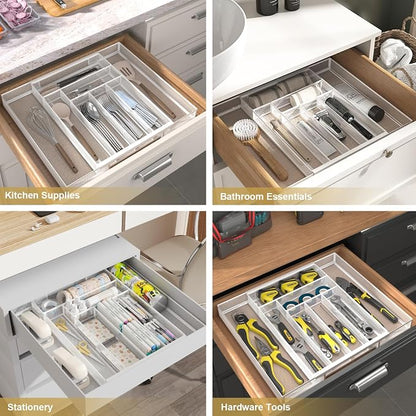 Sedegn Expandable Kitchen Utensil Organizer - 11.6" to 20" Adjustable Cutlery Tray with 6-8 Compartments - Fits Various Drawer Sizes & Holds Large Ladles Spatulas Forks Spoons & Knives White