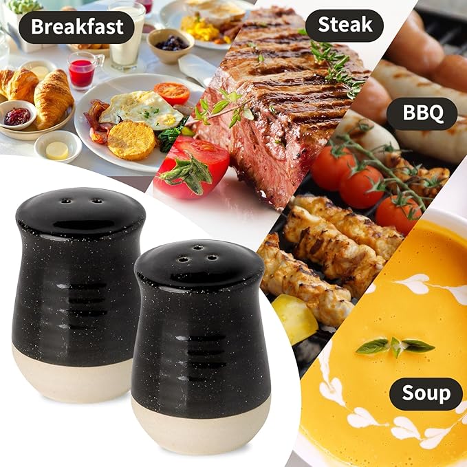 Hasense Salt and Pepper Shakers Set, Ceramic Salt Pepper Shaker for Kitchen, Black Farmhouse Decor Salt Container, Perfect for Cooking, Dining, Camping, BBQ