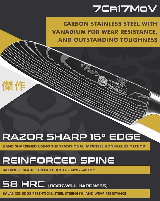 KESSAKU Santoku Knife - 7 inch - Samurai Series - Razor Sharp Kitchen Knife - Forged 7Cr17MoV High Carbon Stainless Steel - Wood Handle with Blade Guard