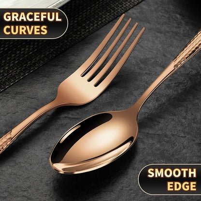 Lemeya 20-Piece Hammered Rose gold Silverware Set for 4,18/10 Stainless Steel Flatware Set with Serrated Forged Knives,Heavy Duty Cutlery Set for Home & Party,Mirror Polished, Dishwasher Safe