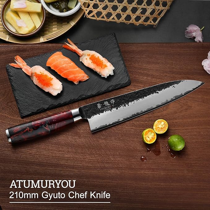 Japanese Chef Knife, 8 Inch Hand Forged Kitchen Knives with VG10 Core, Professional Gyuto Knife for Home & Restaurant, Sanmai Chefs Knives with Ergonomic Red Handle, Father Day Gift for Dad Husband