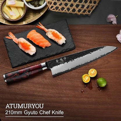 Japanese Chef Knife, 8 Inch Hand Forged Kitchen Knives with VG10 Core, Professional Gyuto Knife for Home & Restaurant, Sanmai Chefs Knives with Ergonomic Red Handle, Father Day Gift for Dad Husband