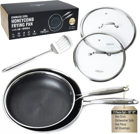 Honeycomb Stainless Steel Nonstick Frying Pan Set - with Lids and Spatula - 10 12 Inch Hybrid Pan - Induction Compatible - PFOA-Free - Oven Safe - Dishwasher Safe Skillet