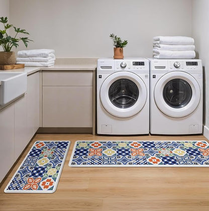 GENIMO Anti Fatigue Kitchen Mats for Floor, Cushioned Non Slip Kitchen Rug, Waterproof Kitchen Floor Mat Runner, Kitchen Mat for Laundry, Sink, Office, Entryway, 17.3"x59"+17.3"x30", Blue