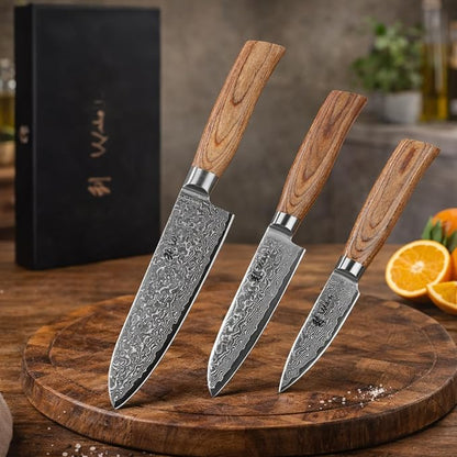 Wakoli 3-Piece Damascus Knife Set – Edib Pro Series with Wooden Gift Box – Kitchen Knife with VG10 Steel Core, 2 Santoku Knives & Paring Knife