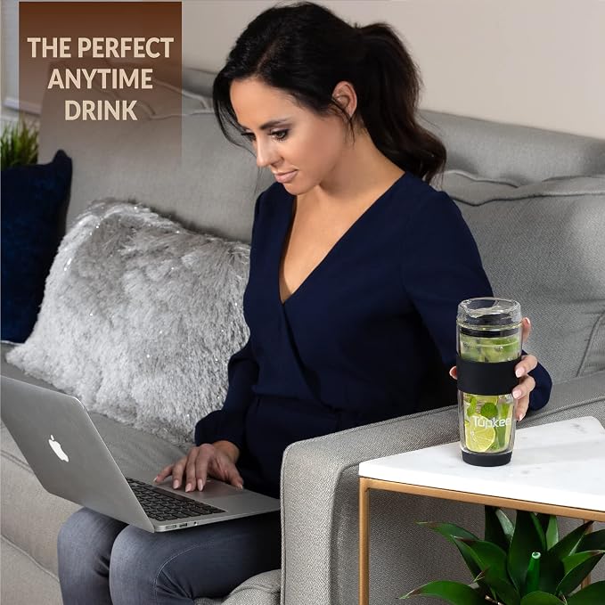 Double Wall All Glass Tumbler - 14-Ounce, Reusable Insulated Tea/Coffee Mug & Lid, Hand Blown Glass Travel Mug - Black - 2 Pack