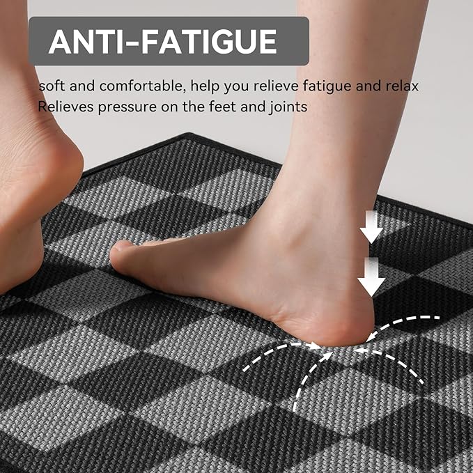YDKGL Kitchen Mats for Floor, Super Absorbent Kitchen Rugs Non Slip Washable, Linen-Look Woven Cushion Runner Rug, Kitchen Sink Mat Standing Mat, Black Gray Checkered 17"x30"