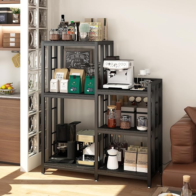 METYERRY 6-Tier Adjustable Mini Fridge Cabinet With Power Outlet,Kitchen Bakers Rack With storage,Mini Fridge And Microwave Stand,Coffee Bar, Free Standing Shelf for Kitchen, Home Office,Balcony,Black