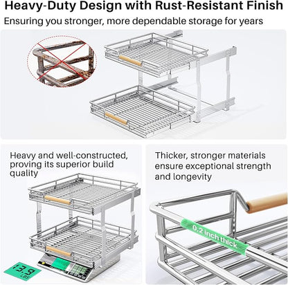 Pull out Cabinet Organizer, 2 Tiers 15"W X 21"D, Heavy Duty Smooth Sliding Under Cabinet Shelves for Pots and Pans, Full-Extension Roll out Drawers, Slide out Organization for Home Kitchen Pantry