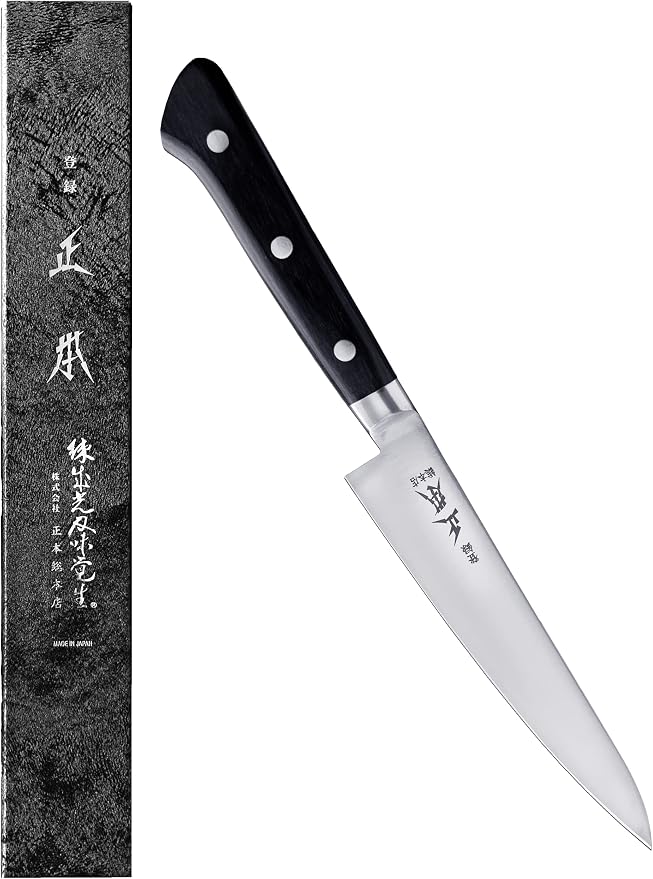 MASAMOTO VG Japanese Petty Knife 5" (120mm) Professional Kitchen Small Utility Knife, Ultra Sharp Japanese Stainless Steel Blade, Duracon Handle, Made in JAPAN