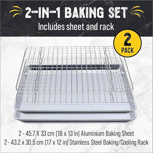18" x 13" Baking Sheet, Sheet Pan with Wire Rack Set, Stainless Steel Cookie Pan Baking Tray with Cooling Rack (2)