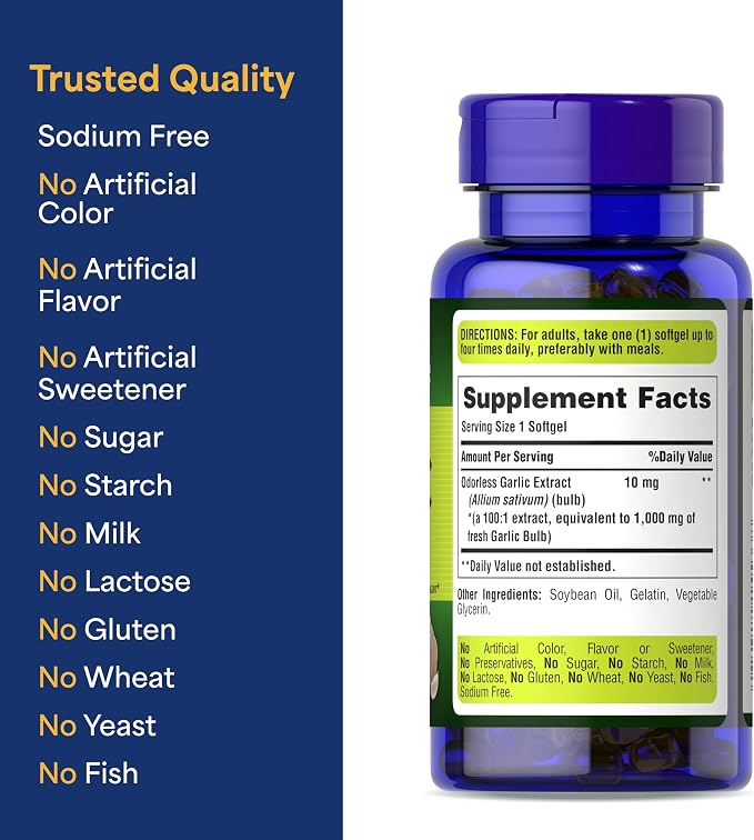 Puritan's Pride Premium Odorless Garlic Fresh 10 mg, Herb Dietary Supplement for Heart Health and Circulation Support with Antioxidant Properties, 250 Rapid Release Softgels