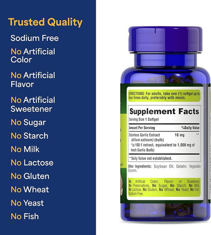 Puritan's Pride Premium Odorless Garlic Fresh 10 mg, Herb Dietary Supplement for Heart Health and Circulation Support with Antioxidant Properties, 250 Rapid Release Softgels