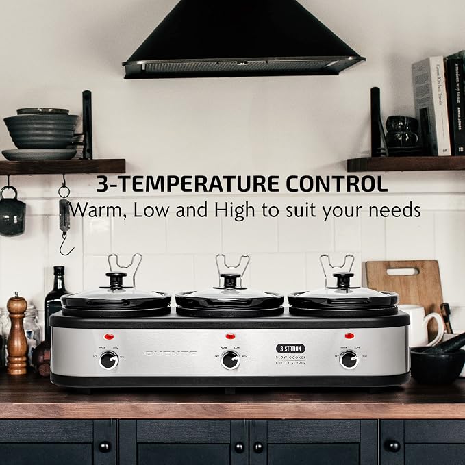OVENTE Stainless Steel Triple Slow Cooker Buffet Server with Glass Lid & Temperature Control, 3 Section Station Portable 4.5 QT Ceramic Pot Food Warmer Easy Clean for Holiday Dinner, Silver SLO315CBR