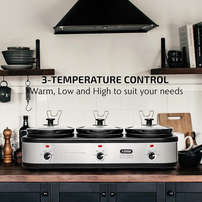 OVENTE Stainless Steel Triple Slow Cooker Buffet Server with Glass Lid & Temperature Control, 3 Section Station Portable 4.5 QT Ceramic Pot Food Warmer Easy Clean for Holiday Dinner, Silver SLO315CBR