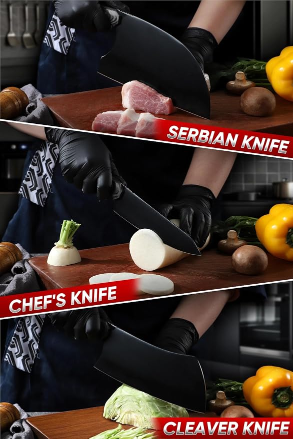 Dream Reach Chef Knife Set - 6PCS Hand Forged Black Butcher Knife Set for Meat Cutting, Serbian Cleavers with A Roll Bag for Kitchen Camping BBQ Outdoor, Birthday Mother Father Gift Idea
