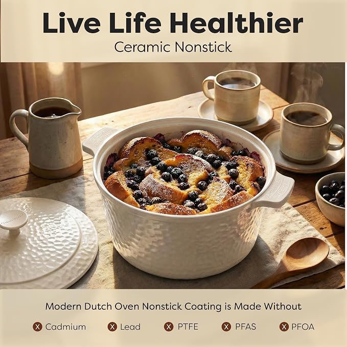 Gotham Steel Hammered 5 Qt Lightweight Dutch Oven Pot with Lid & Holders, Ceramic Non Toxic, Oven Safe & Even Heat Retaining Dutch Oven for Bread Baking Sourdough, Soup, 70% Lighter than Cast Iron