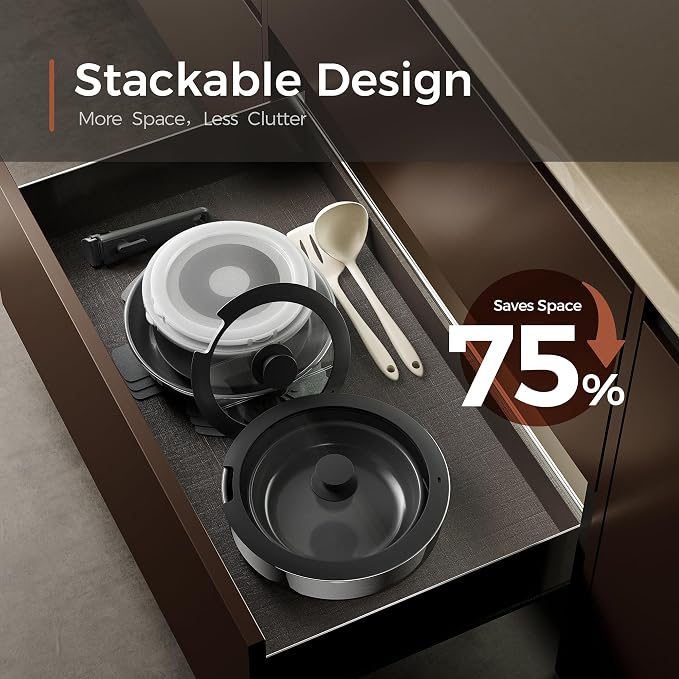 16PCS Pots and Pans Set Non Stick, Diamond-Titanium Ceramic Cookware Set & 3 Layer Stainless Steel with Detachable Handle, Induction Cookware, Non Toxic Oven/Dishwasher Safe, Black