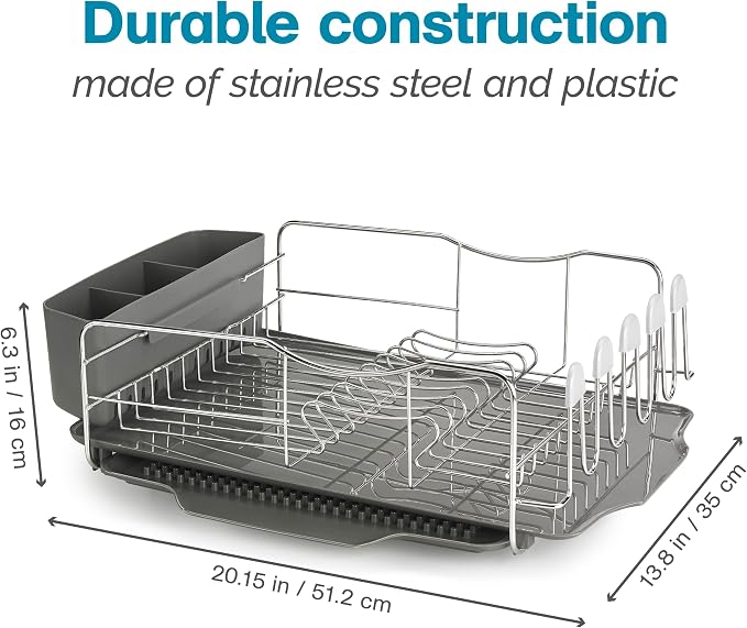 Polder KTH-615 Dish Rack, 4 PC Combo– Advantage System Includes Rack, Drain Tray, Removable Drying Tray & Cutlery Holder – Stainless Steel & Plastic