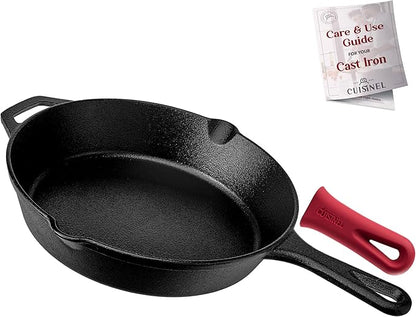 Cuisinel Cast Iron Skillet Set - 8" + 10" + 12"-Inch Pre-Seasoned Frying Pans + Silicone Handle Grip Covers - Indoor/Outdoor, Oven, Grill, Stove, BBQ, Fire, Induction Safe Kitchen and Camping Cookware