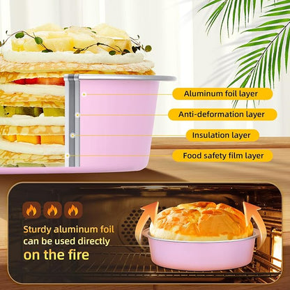 Beasea 7.3oz Mini Pie Pans with Lids, 120 Pack 4 Inch Disposable Creme Brulee Ramekins Small Aluminum Foil Pie Tart Cake Baking Tin Pans Cheesecake Containers for Party - Pastel Pink