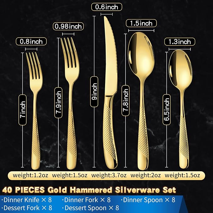 Lemeya 40-Piece Hammered Gold Silverware Set for 8,18/10 Stainless Steel Flatware Set with Serrated Forged Knives,Heavy Duty Cutlery Set for Home & Party Restaurant,Mirror Polished, Dishwasher Safe