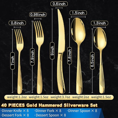 Lemeya 40-Piece Hammered Gold Silverware Set for 8,18/10 Stainless Steel Flatware Set with Serrated Forged Knives,Heavy Duty Cutlery Set for Home & Party Restaurant,Mirror Polished, Dishwasher Safe