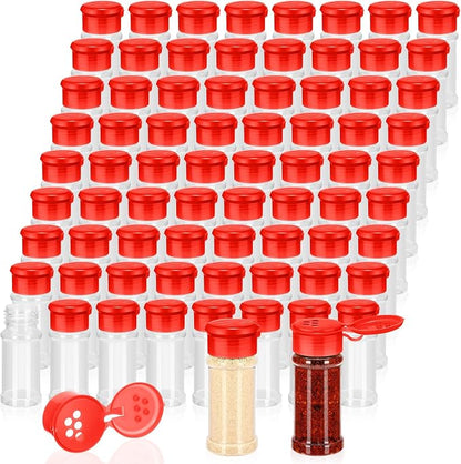 Amyhill 100 Pcs Plastic Spice Bottles Spice Jars with Cap Seasoning Jars Shaker 2 Oz/ 60ml Clear Bottle Containers with Shaker Lids for Storing Herbs and Seasoning Powders (Red)