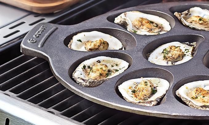 Outset Cast Iron Oyster Grill Pan, 12 Cavities, Black Oyster BBQ and Serving Pan