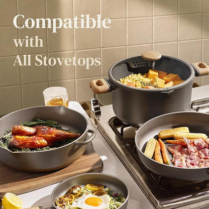 CAROTE Pots and Pans Set Non Stick, 21PCS Cookware Set with Strainer Lid, Induction Cooking Set with Kitchen Utensils, Dark Green