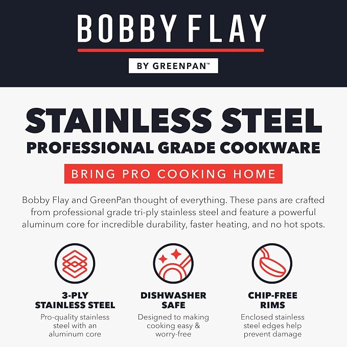 GreenPan x Bobby Flay Stainless Steel 8” & 10” Frying Pan Skillet Set, Professional Grade Tri-Ply, Multiclad, PFAS-Free Ceramic Nonstick, Induction Suitable, Dishwasher & Oven Safe, Stay Cool Handle