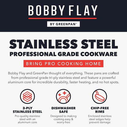 GreenPan x Bobby Flay Stainless Steel 8” & 10” Frying Pan Skillet Set, Professional Grade Tri-Ply, Multiclad, PFAS-Free Ceramic Nonstick, Induction Suitable, Dishwasher & Oven Safe, Stay Cool Handle