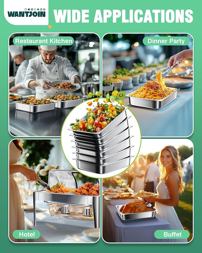 WantJoin Steam Table Hotel Pans 1/2 Half Size 4 Inch Deep 6 Pack, Stainless Steel Metal Tray Sets Food Storage Container for Restaurant Chafing Dishes Commercial Buffet Catering Supplies