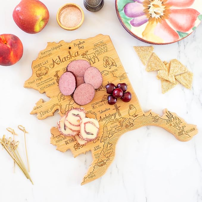 Totally Bamboo Destination Alaska State Shaped Serving and Cutting Board, Includes Hang Tie for Wall Display