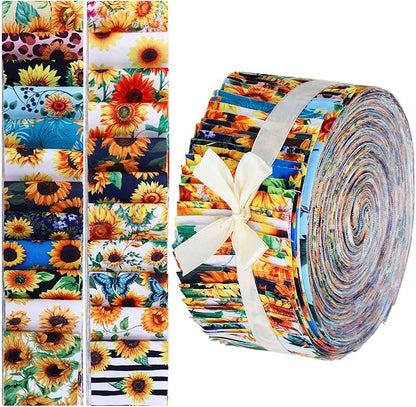 Kingdder 70 Pcs Sunflower Jelly Fabric Quilting Strips, 2.55 Inch Precut Cotton Patchwork Roll Cotton Quilting Fabric Bundle for Quilters and Sewing DIY Crafts