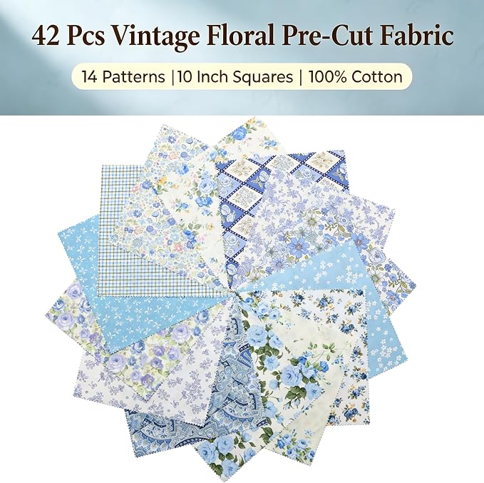 Nodsaw 42 Pcs 10" Layer Cake Precut Cotton Fabric Squares - Vintage Blue Floral Prints Fabric Quilt Squares 10x10 - Layer Cakes 10 inch Squares for Quilting, Sewing, and DIY Crafts, Sunshine Blooms