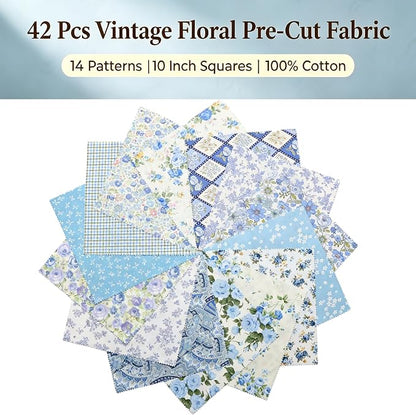 Nodsaw 42 Pcs 10" Layer Cake Precut Cotton Fabric Squares - Vintage Blue Floral Prints Fabric Quilt Squares 10x10 - Layer Cakes 10 inch Squares for Quilting, Sewing, and DIY Crafts, Sunshine Blooms