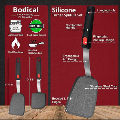 2 Pack Silicone Spatula Turner, 600°F Heat Resistant Kitchen Spatula Set for Nonstick Cookware, Cooking Utensil Set for Egg Pancake Flipper/Heat Resistant Silicone Grip | Cooking Utensils Set for Egg Pancake Flipper, Heat Resistant Silicone Grip, Stain...