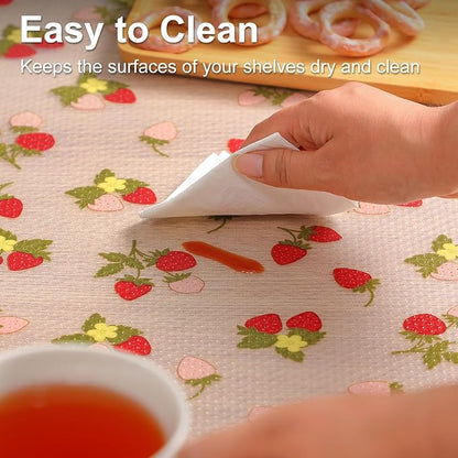 Cooyes Shelf Liner for Kitchen Cabinets – Waterproof & Oil-Proof Drawer Liner, Non-Adhesive EVA Mats with Fruit Pattern – Washable Easy to Clean, Easy to Cut (17.5" W x 240" L, Red Strawberry)