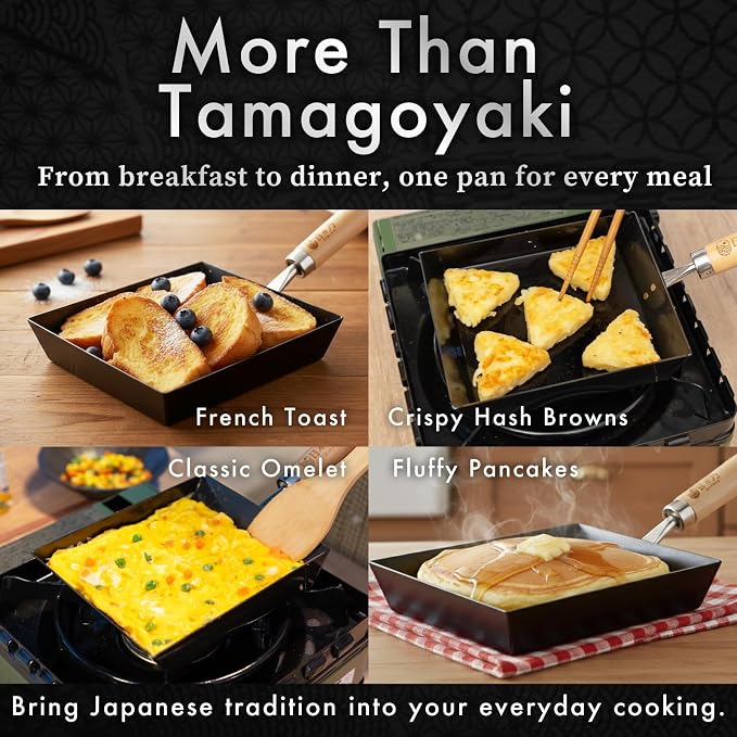HIBINO Tamagoyaki Carbon Steel Pan | Made in Japan | Nonstick, Even-Heating, 30% Lighter Design | Japanese Egg Pan with Detachable Wooden Handle | for Bento, Breakfast & Everyday Cooking