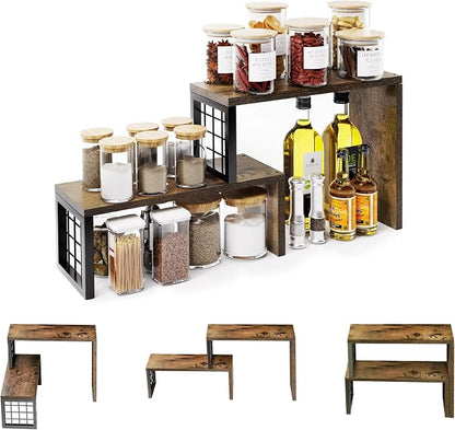 Kitchen Countertop Organizer, 2 Tier Spice Rack, Adjustable Cabinet Organizer Shelf, Corner Counter Shelf for Kitchen, Pantry, Coffee Station, Stackable, Expandable, Rustic Brown