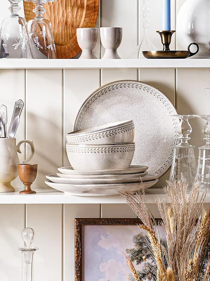 LE TAUCI Dinnerware Sets for 6, 18 Piece Plates and Bowls Sets, Ceramic Kitchen Dish Set, Chip Resistant, Microwave & Dishwasher Safe, Reactive Glaze Beige (8"&10" Plate, 27oz Bowl)
