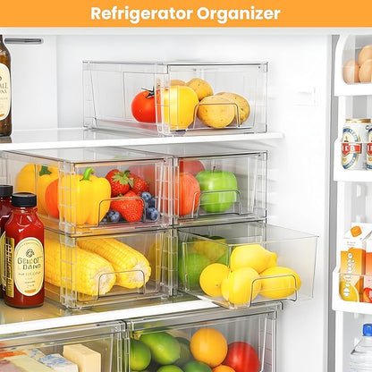 4 Pack Stackable Storage Drawers with Handles, Easy Assembly Clear Acrylic Fridge Organizer, Refrigerator Organizers and Storage for Kitchen, Under Sink, Pantry, Bathroom