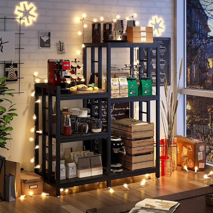 METYERRY 6-Tier Adjustable Mini Fridge Cabinet With Power Outlet,Kitchen Bakers Rack With storage,Mini Fridge And Microwave Stand,Coffee Bar, Free Standing Shelf for Kitchen, Home Office,Balcony,Black
