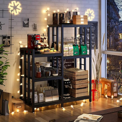 METYERRY 6-Tier Adjustable Mini Fridge Cabinet With Power Outlet,Kitchen Bakers Rack With storage,Mini Fridge And Microwave Stand,Coffee Bar, Free Standing Shelf for Kitchen, Home Office,Balcony,Black